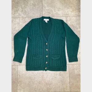 Vintage Forest Green Knit Cardigan Hobbit Sz M Pockets Hong Kong Chunky Buttons